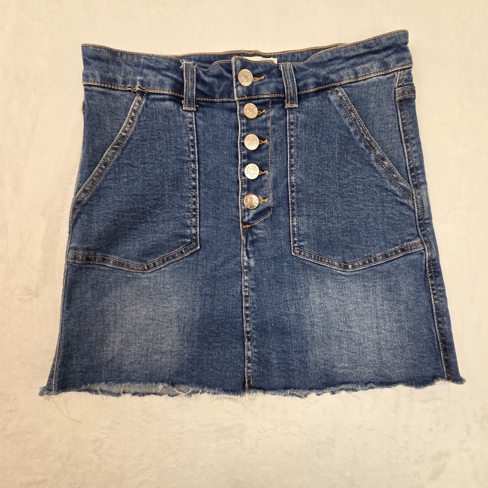 Black Label Denim Skirt Women Size S Blue Excellent Button Fly Raw‎ Hem CTB649SK